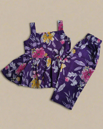 Girls Cotton Sleeveless Purple Co-ordSet