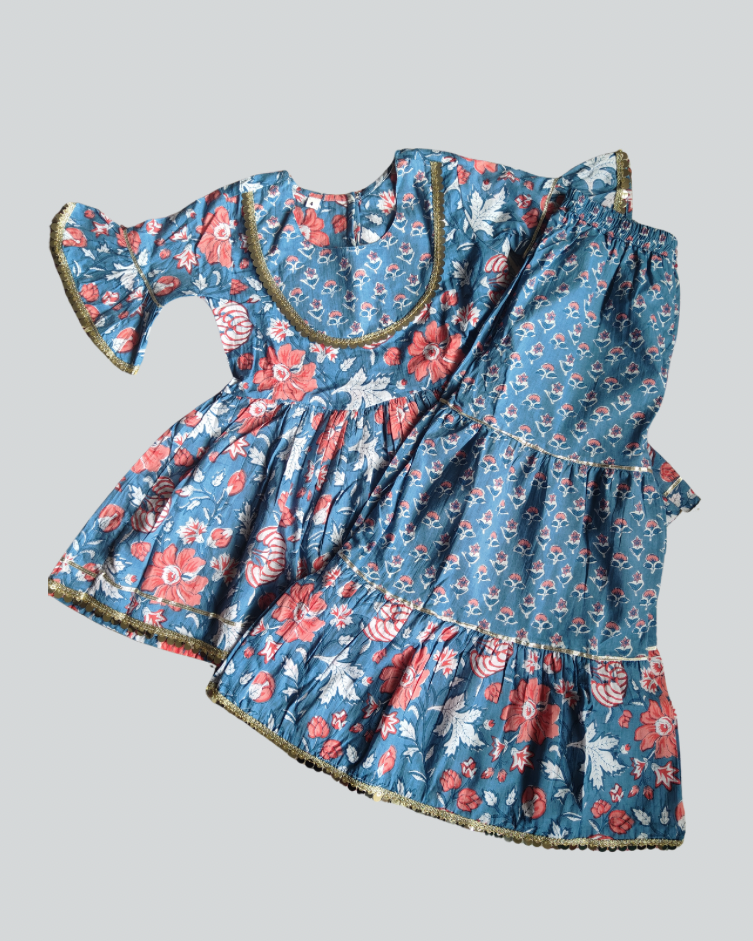 Pure Cotton Girls Peplum Style three fourth sleeve kurta with Sharara Set