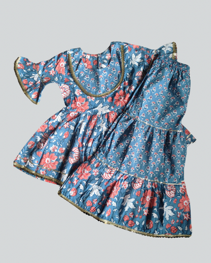 Pure Cotton Girls Peplum Style three fourth sleeve kurta with Sharara Set