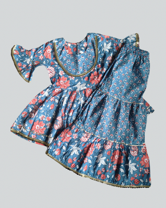 Pure Cotton Girls Peplum Style three fourth sleeve kurta with Sharara Set