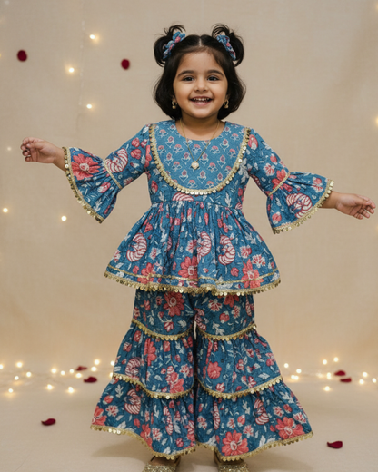 Pure Cotton Girls Peplum Style three fourth sleeve kurta with Sharara Set