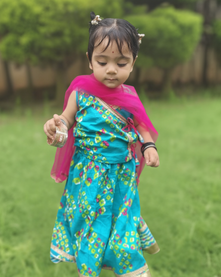 SnugBug Turquoise Blue Girls Cotton Lehanga Choli with Dupatta 