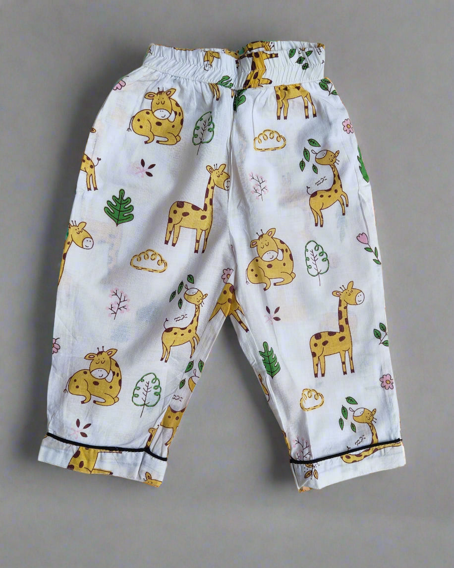 SnugBug White Giraffe Printed NightSuit  in pure cotton fabric for boys and girls
