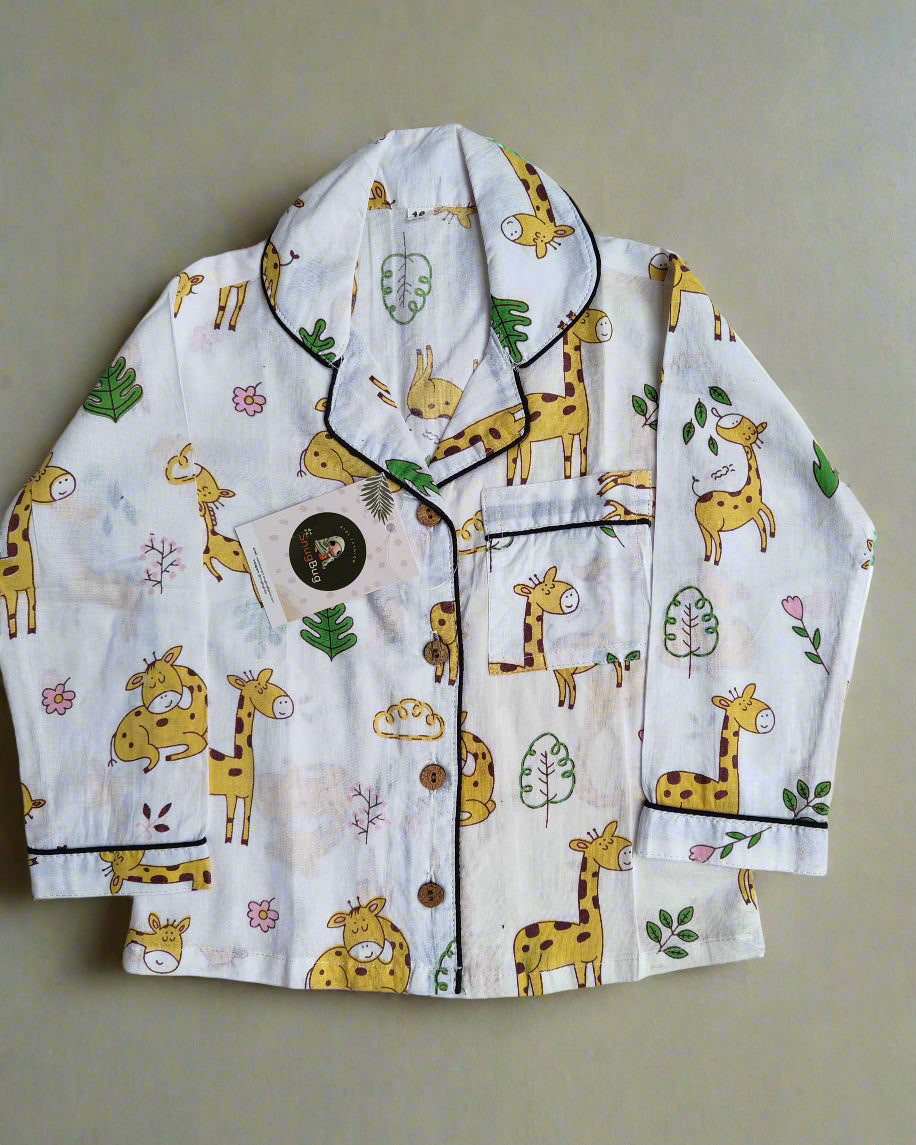 SnugBug White Giraffe Printed NightSuit  in pure cotton fabric for boys and girls