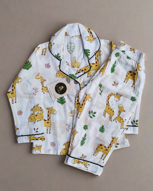 SnugBug White Giraffe Printed NightSuit  in pure cotton fabric for boys and girls