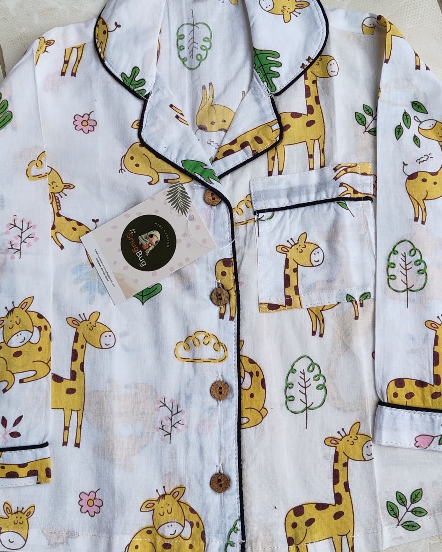 SnugBug White Giraffe Printed NightSuit  in pure cotton fabric for boys and girls