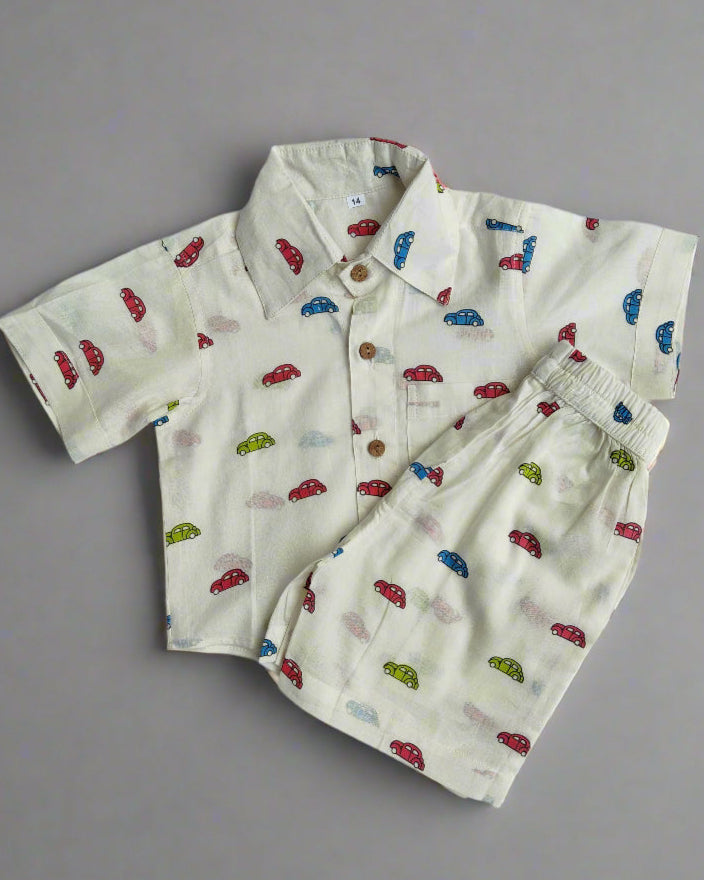 Car printed boys cotton co-ord set for summer