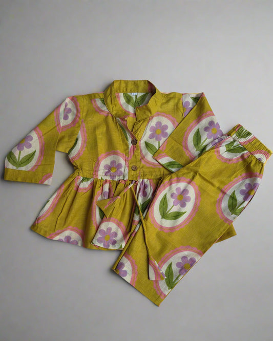 Girls pure cotton Dori Co-ord set in Yellow Color