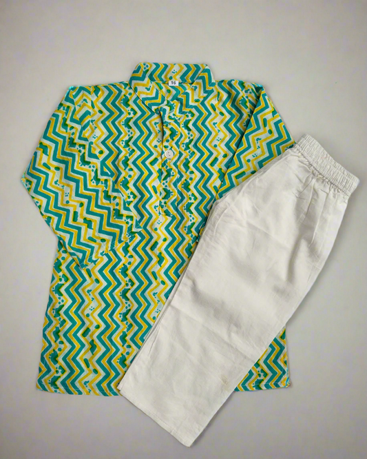SnugBug Zig Zag Printed Pure ctton Kurta with elasticated white Pajama