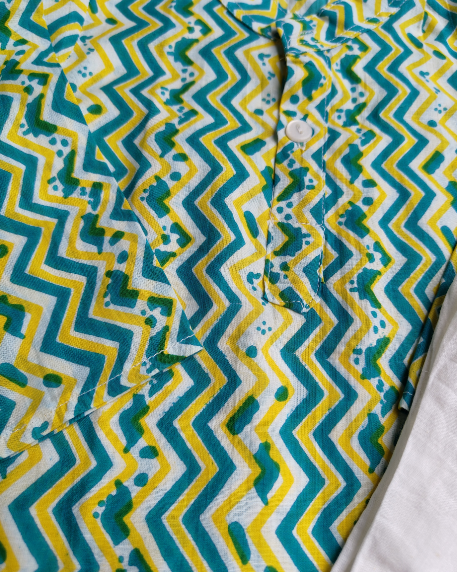SnugBug Zig Zag Printed Pure ctton Kurta with elasticated white Pajama