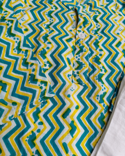 SnugBug Zig Zag Printed Pure ctton Kurta with elasticated white Pajama