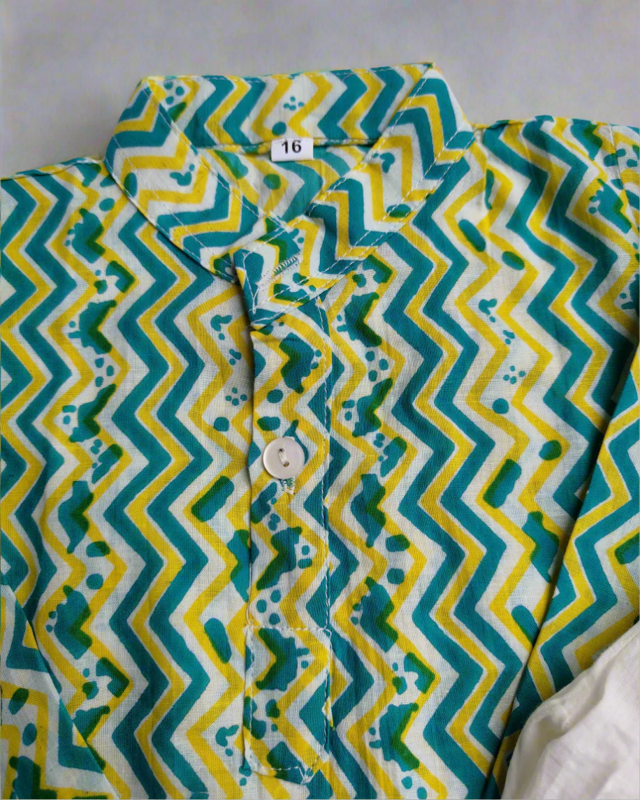 SnugBug Zig Zag Printed Pure ctton Kurta with elasticated white Pajama