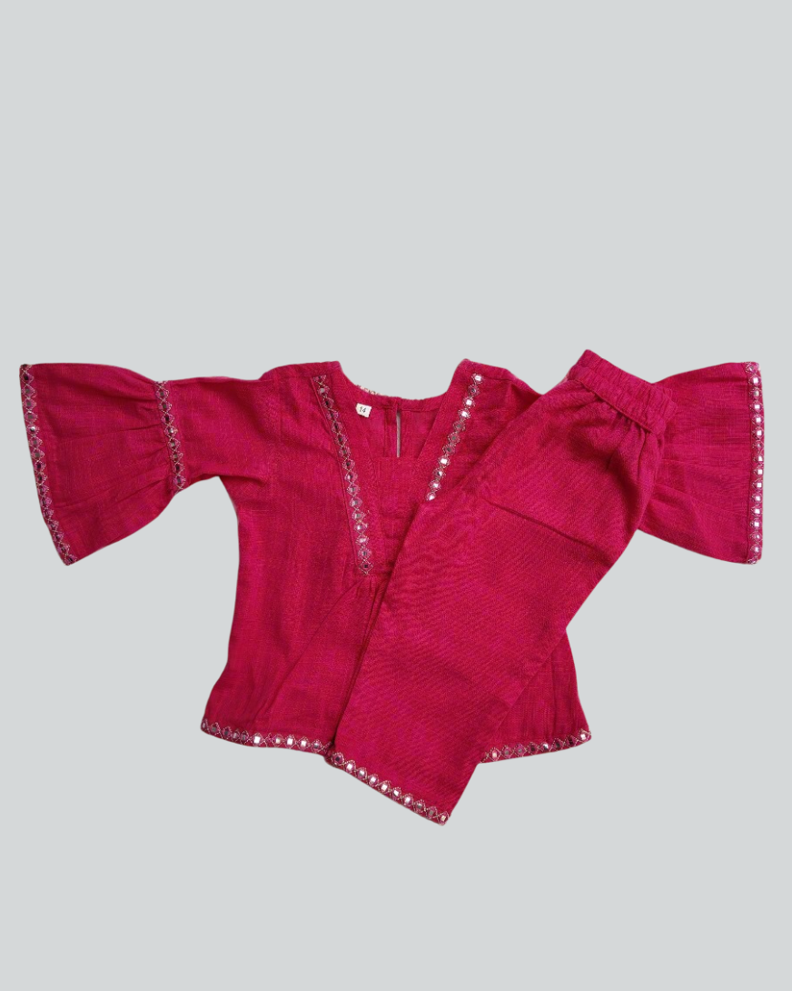 Girls Pink Slub Cotton Gota Patti Ethnic Wear