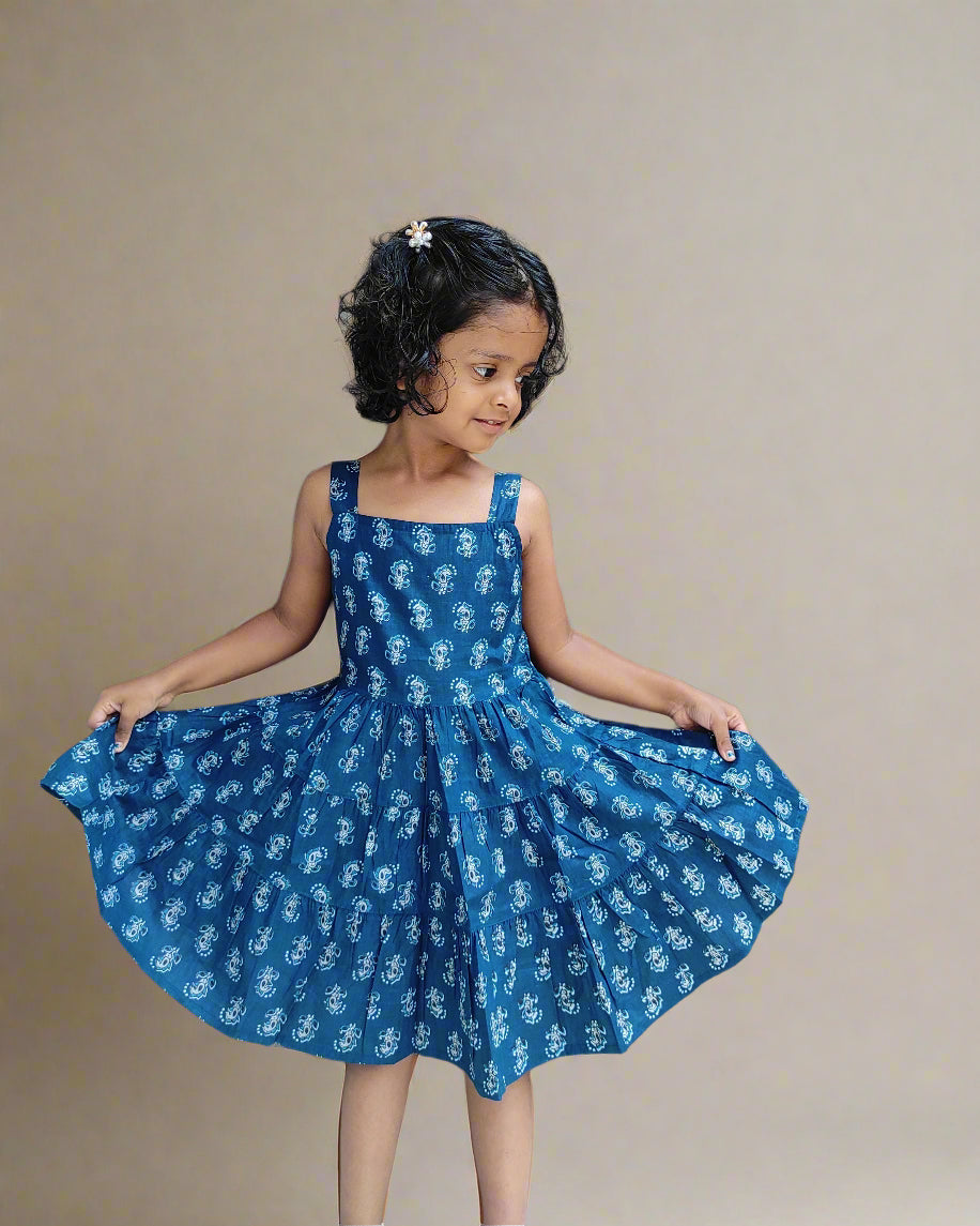 SnugBug Cotton Sleeveless Summer Frock in blue color