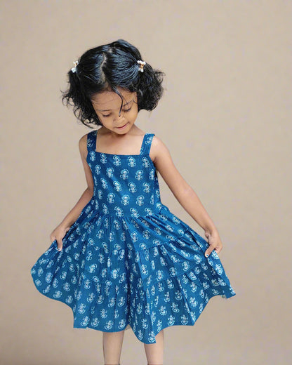 SnugBug Cotton Sleeveless Summer Frock in blue color